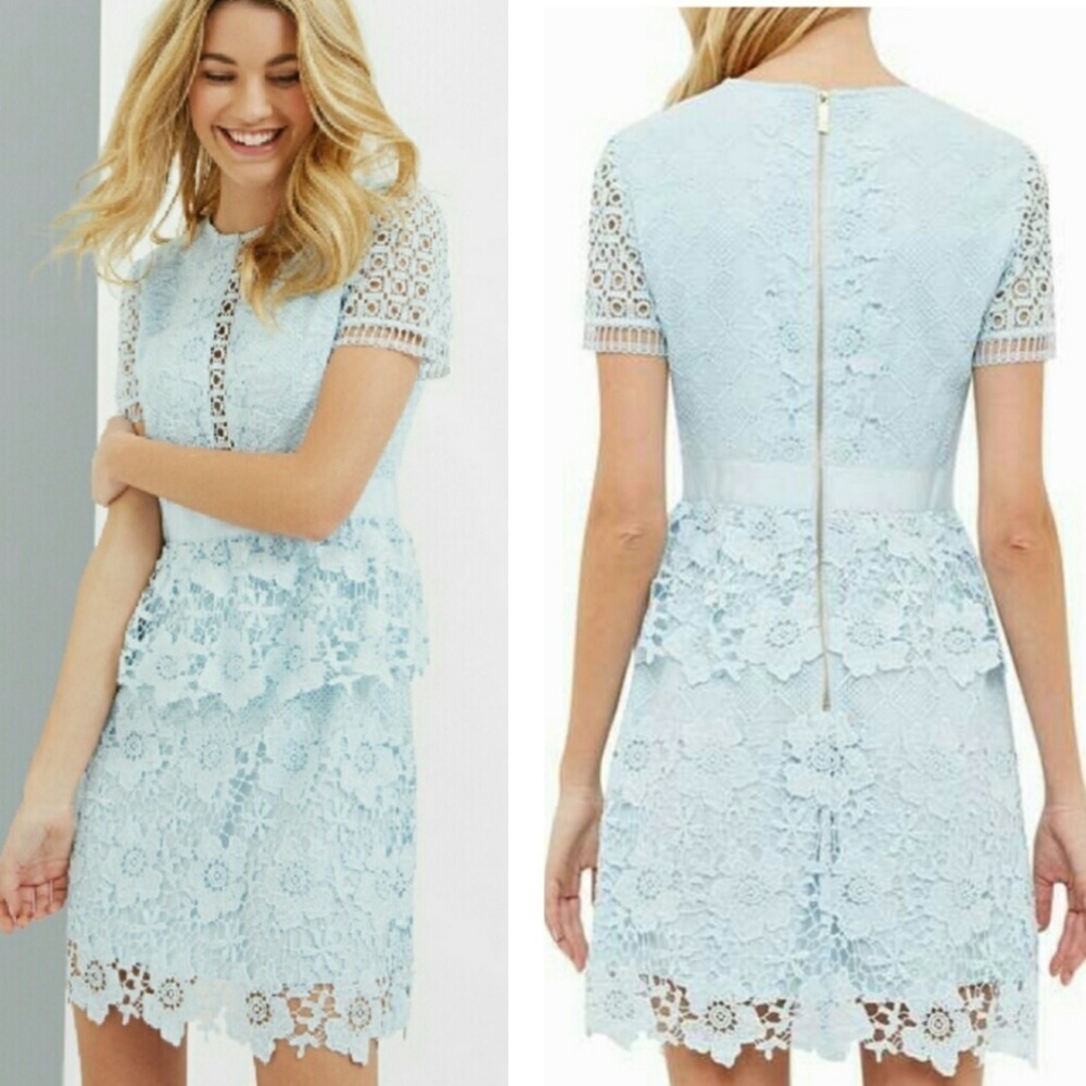 Ted Baker Dixa Layered Lace Skater Baby Blue Peplum, Zipper, Short Sleeve SZ 4